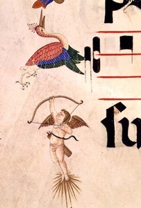 Missál 515 f.5r Kerub gólyára lő íjjal és láthatatlan nyílvesszővel, díszítő szegélyrészlet egy 1449 előtt készült kóruskönyvből (vellum)