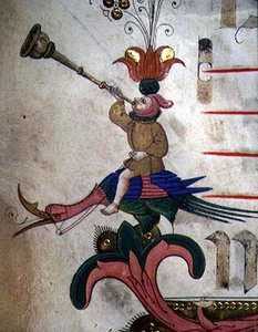 Missal 515 f.9r Kürtöt fújó figura, felerősített madárra szerelve, 1449 előtt készült Kóruskönyv díszszegélyének részlete (88907 részlet)