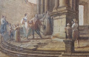 Műfaji jelenet, olaj, fa, részlet a szalon ablakainak redőnyeiről, Királynő lakása, Vadászrezidencia, Filippo Juvarra (1678-1736), Stupinigi, Piemont, Olaszország