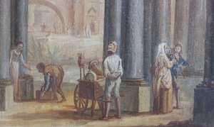 Műfaji jelenet, olaj, fa, részlet a szalon ablakainak redőnyeiről, Királynő lakása, Vadászrezidencia, Filippo Juvarra (1678-1736), Stupinigi, Piemont, Olaszország