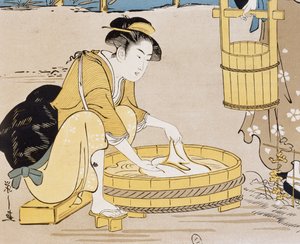 Folyóban mosó nők, Firmin Gillot (1819-1872) borítója, Le Japon Artistique (japán művészet), Siegfried Bing (1838-1905) művészeti és ipari dokumentumokat gyűjtött, havi kiadvány 1889. július, Franciaország alkotó: Firmin Gillot