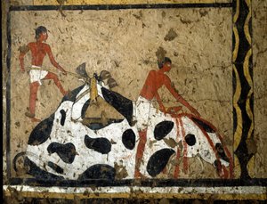 Egyiptomi antiquitis: a bikát szarkofág előtt áldozzák fel. Detrempe agyagon és szalmán Iti király tábornokának és kancellárjának sírjából a Luxor melletti El Ghebelenben. Kr.e. 2200-2000. Torino, egyiptomi múzeum