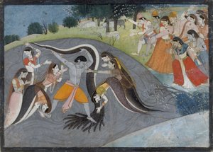 Krishna Subadung Kalia, A kígyódémon: Folio a Bhagavata Purana sorozatból, kb. 1785. alkotó: First generation after Manaku and Nainsukh.
