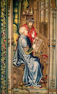 Egy beszámolót író írástudó, részlet A frigyláda szállítása című könyvből, Dávid és Betsabé kárpitjáról, 1510-1515 alkotó: Flemish School