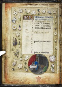 Adja hozzá az MS 38126 f.1v januári naptároldalát, amelyen két tűz előtt melegedő férfi gömbölyű miniatűrje látható a "Órakönyv, Róma használata" (The Huth Hours) c.1485-90 (tinta és szín és arany pergamen) alkotó: Flemish School