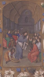 További 54782, f.265v: Krisztus, aki megmossa a tanítványok lábát, a Hastings-órákból, 1475-83 körül (vellum) alkotó: Flemish School