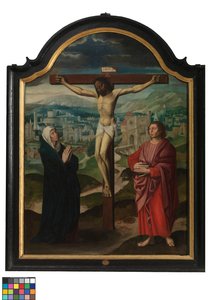 Triptichon központi panelje keresztre feszítéssel és szövegekkel (olaj a panelen) alkotó: Flemish School