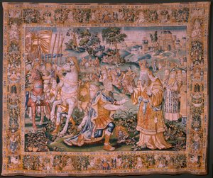Flamand kárpit. Sándor Iaddo főpap előtt (Sándor Iaddo főpap előtt). Oudenaarde műterme. 374x447 cm. Inv(830-B)4 00010. 17. század. alkotó: Flemish School
