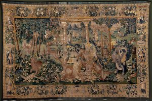 Flamand gobelin. Táj pergolával és nagy vadállatokkal, 2 oszloppal. Oudenaarde műterme. 319x508 cm. Inv 0023. 17. század. alkotó: Flemish School