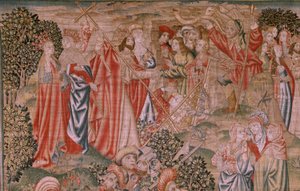 Flamand kárpit. Az ember megváltása vagy a bűnök és erények sorozat. Krisztus feltámadása (Resurrección de Cristo). A sorozat nyolcadik kárpitja (a Burgosban őrzöttek közül az első). Gyártás Brüsszel. Kb. 1510. Szövet Selyem és gyapjú, cm-enként 7 lánc. alkotó: Flemish School