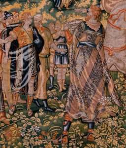 Flamand kárpit. Sorozat Cyrus története. No II Astyages felismeri Cyrust (Ciro reconocido por Astiages). Anonymous, Michiel Coxcie alapján. Atelier Antwerpen. Selyem és gyapjú. 1590 körül. alkotó: Flemish School