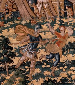Flamand kárpit. Sorozat Cyrus története. No V Combat két harcos és Cyrus halála (Combate de dos guerreros y muerte de Ciro). Anonymous, Michiel Coxcie alapján. Atelier Antwerpen. Selyem és gyapjú. 1590 körül. alkotó: Flemish School