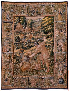 Flamand kárpit. Cyrus története című sorozat. No V Combat két harcos és Cyrus halála (Combate de dos guerreros y muerte de Ciro). Anonymous, Michiel Coxcie alapján. Atelier Antwerpen. Selyem és gyapjú. 1590 körül. alkotó: Flemish School