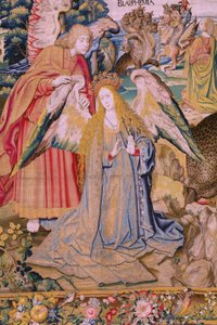 Flamand kárpit. Az Apokalipszis sorozat: Szent Mihály legyőzi a sárkányt. Atelier Willem Dermoyen, Brüsszel. Körülbelül 1553-1555. Részlet. alkotó: Flemish School