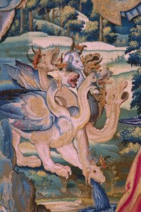 Flamand kárpit. Az Apokalipszis sorozat: Szent Mihály legyőzi a sárkányt. Atelier Willem Dermoyen, Brüsszel. Körülbelül 1553-1555. Részlet. alkotó: Flemish School