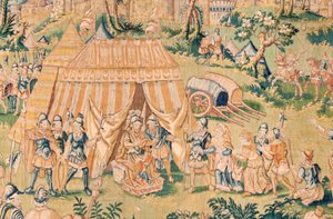 Flamand kárpit. Sorozat Judit könyve. Judit Holofernész előtt (Judith ante Holofernes). A sorozat ötödik kárpitja. Gyártás Hollandia, Brüsszel(?). 16. század második fele. Szövet Gyapjú. Hely Bari Szent Miklós temploma (musz alkotó: Flemish School