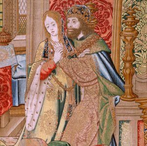 Flamand kárpit. Dávid és Betsabé története sorozat. Dávid és Batsabé házassága (Casamiento de David y Betsabé). A sorozat második panelje. Névtelen modell. Ismeretlen gyártás, Brüsszel. 1505. Szövet Arany, selyem és gyapjú. alkotó: Flemish School