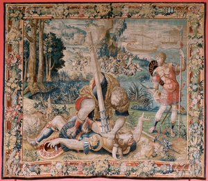 Flamand kárpit. Herkules munkássága sorozat. Herkules a Minotaurusz ellen harcol. Herkules a Minotaurusz ellen harcolva). Második kárpit a fennmaradt sorozatban. ModelUnknown. Gyártás Willem Dermoyen, Brüsszel. 1528 körül. alkotó: Flemish School