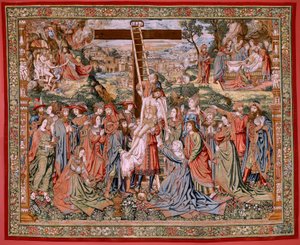Flamand kárpit. Krisztus szenvedése sorozat. A keresztről való leszállás (Descendimiento). A Patrimonio Nacionalhoz tartozó Krisztus szenvedésének második kárpitsorozata. Modell karikaturisták Jan van Roome köréből. Gyártás Pieter va alkotó: Flemish School