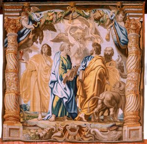 Flamand kárpit. Az Eucharisztia diadala sorozat. A négy evangélista (Los cuatro evangelistas). A sorozat tizenegyedik kárpitja. Peter Paul Rubens modell. 1626-1628. Gyártás Jan II Raes, Hans Vervoert, Jacques Fobert, Brüsszel alkotó: Flemish School