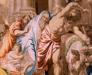 Flamand kárpit. Az Eucharisztia diadala sorozat. Az Eucharisztia győzelme a pogány áldozatokon (Victoria de la Eucaristía sobre los sacrificios paganos). A sorozat negyedik kárpitja. Peter Paul Rubens modell. 1626-1628. Gyártás Jan II Raes, Jac alkotó: Flemish School