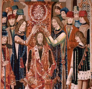 Flamand kárpit. Ismeretlen sorozat. római történelem? Tarquinius Priscus (Tarquino Prisco). Brüsszeli műhelyek gyártása?. Kb. 1475. Szövet Gyapjú és selyem, cm-enként 6 lánc. Eredet Alba de Aliste gróf adománya, 1608-ban érkezett a székesegyházba. Locati alkotó: Flemish School