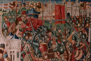 Flamand kárpit. Ismeretlen sorozat. római történelem? Tarquinius Priscus (Tarquino Prisco). Brüsszeli műhelyek gyártása?. Kb. 1475. Szövet Gyapjú és selyem, cm-enként 6 lánc. Eredet Alba de Aliste gróf adománya, 1608-ban érkezett a székesegyházba. Locati alkotó: Flemish School