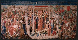 Flamand kárpit. Ismeretlen sorozat. római történelem? Tarquinius Priscus (Tarquino Prisco). Brüsszeli műhelyek gyártása?. Kb. 1475. Szövet Gyapjú és selyem, cm-enként 6 lánc. Eredet Alba de Aliste gróf adománya, 1608-ban érkezett a székesegyházba. Locati alkotó: Flemish School