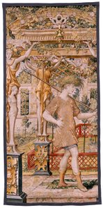 Flamand kárpit. Vertumnus és Pomona sorozat. No II Vertumnus gazdálkodóvá alakult át (Vertumno y Pomona II Vertumno transformado en agricultor) no1 bal rész. Pieter Coecke Van Aelst és Léonard Thiry modellek köre. Ismeretlen műhely, Brüsszel. Arany, alkotó: Flemish School