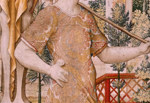Flamand kárpit. Vertumnus és Pomona sorozat. No II Vertumnus gazdálkodóvá alakult át (Vertumno y Pomona II Vertumno transformado en agricultor) no1 bal rész. Pieter Coecke Van Aelst és Léonard Thiry modellek köre. Ismeretlen műhely, Brüsszel. Arany, alkotó: Flemish School