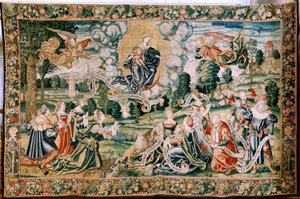 Flamand kárpit. A jégeső sorozat. Ad te clamamus. A sorozat második kárpitja. Brüsszeli műhelyek gyártása, lehetséges Marc Crétif gyártása. Kb. 1528. Mérete 429 x 646 cm. Szövet Selyem és gyapjú. Helyszín Palencia katedrálisa. Eredet Egy hagyaték alkotó: Flemish School