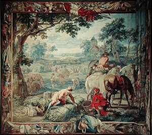 Betakarítás, "A hadtudomány" sorozatból, Judocus de Vos műhelye, 1715-24 (kárpit) alkotó: Flemish School
