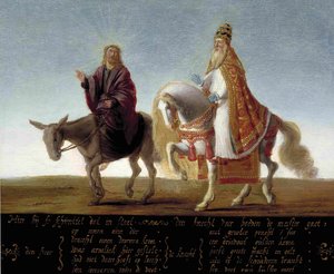 ""Jézus a szamáron ábrázolva a gazdagon öltözött pápa mellett a lovon"" Lutheránus karikatúra a pápával szemben - Névtelen festmény