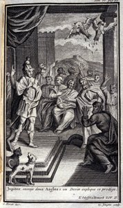 A Jupiter két sast küld: egy cumi magyarázza ezt a csodagyereket. Lusztráció a Homérosz Odüszeusának II. könyvéhez, az Odüsseeben, 1731-ben Amszterdamban, Collection privee Milan. alkotó: Flemish School