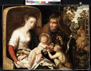 "A Szent Család Keresztelő Jánossal fiúként és Szent Erzsébettel" (A Szent Család Keresztelő Jánossal fiúként és Szent Erzsébettel) 17. századi holland iskolai festészet Mikhail Kroshitsky Művészeti Múzeum, Szevasztopol (Szevasztopol) Ukrajna alkotó: Flemish School