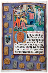 MS 4, vol. 127, f.112v, Szent Sebestyén mártíromsága zarándokjelvények és vernikális trompe l