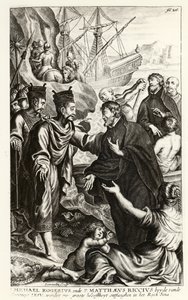 Michael Rogerius (1543-1607) és Matthaeus Riccius (1552-1610) Kína partjaira érkeznek, illusztrációja P. Cornelius Hazart egyháztörténetéből, megjelent Antwerpenben, 1668 alkotó: Flemish School