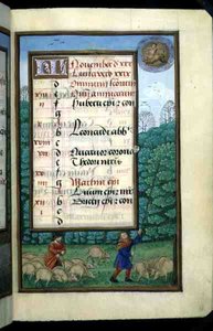 Ms 1058-1975 f.11r Disznóhajtás és tölgyverés, novemberi illuminált naptárlap egy 1500 körüli Órakönyvből (pergamen) alkotó: Flemish School
