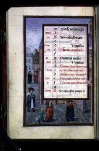Ms 1058-1975 f12v Hó az utcán, decemberi illuminált naptárlap egy Órakönyvből, 1500 körül (pergamen) alkotó: Flemish School