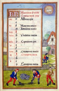 Ms 1058-1975 f3r Ásás és faültetés, megvilágított márciusi naptároldal, az Órakönyvből, 1500 körül alkotó: Flemish School