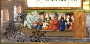 Ms 1058-1975 f.5v Zenészek, akik csónakáznak a folyón, a flamand órák könyvéből, 1500 körül (vellum) alkotó: Flemish School