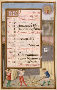 Ms 1058-1975 f8r Kukoricacséplés az istállóban, megvilágított augusztusi naptároldal, egy Órakönyvből, 1500 körül alkotó: Flemish School