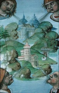 Ms Hunter 9 f.47v Négy szél fúj a sarkokban egy tengeri tájon, a „De Medina Fen I. II., by Avicenna (980-1037)” (vellum) alkotó: Flemish School