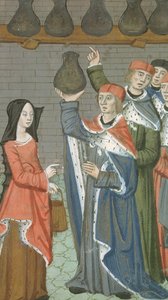 Ms Hunter 9 f.84r Nő urinalis magnust hozó kosárral, De Medina Fen I. II-ből, Avicenna (980-1037) alkotó: Flemish School