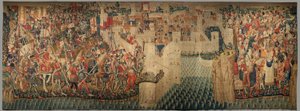 Plébániai gobelinmúzeum (Parish Museum of Pastrana Tapestries). Flamand kárpit. Tanger meghódítása (Tanger bevétele, De inname van Tanger). Sorozat I. Alfonz portugál király hódításai. Tournai. Gyapjú és selyem alkotó: Flemish School