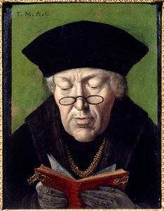 Thomas More (1478-1535) humanista portréja. A humanistát szemüveggel ábrázolják, aki könyvet olvas. A flamand iskola festménye alkotó: Flemish School