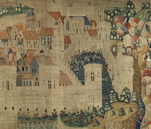 V. Alfonso portugál király hódításait bemutató gobelin (Conquistas de Alfonso V de Portugal), Tournai. Részlet. (Gyapjú és selyem) alkotó: Flemish School