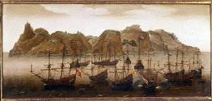 A holland flotta St. Helena szigeténél. Olajfestmény. 17. század. Amszterdami Tengerészeti Múzeum alkotó: Flemish School