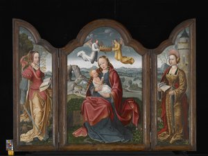 Triptichon a Szűzanyával és a Gyermekkel, Szent Borbálával és Szent Katalinnal (olaj, fa) alkotó: Flemish School