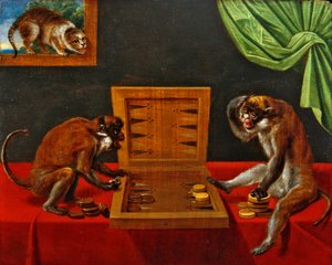 Két majom játszik Tric Trac-ot egy asztalon (olaj a panelen) alkotó: Flemish School
